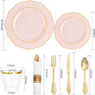 Liacere 350PCS Pink Plates Disposable - Pink and Gold Plates 50guest Baroque Plastic Dinnerware include 100Plates, 50Pack Pre Rolled Napkins with Silverware 50Cups Perfect for Wedding＆Mother's Day - Image 4
