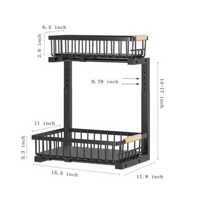 SILUB Under Sink Organizer,2 Pack Kitchen Organizers and Storage Adjustable Height 2 Tier Sliding L-Shape Cabinet Organizers Meatal,Under Bathroom Sink Organizer with Anti Slip Wooden Handle - Image 6
