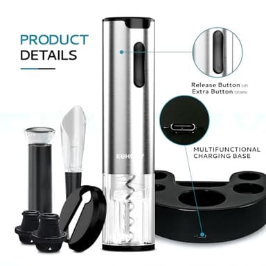 EUHOMY Electric Wine Opener with Charging Base, Wine Aerator Pourer and Foil Cutter, Stainless Steel Automatic Corkscrew Opener with Wine Vacuum Stopper, Fine Set for Wine Lovers - Image 2