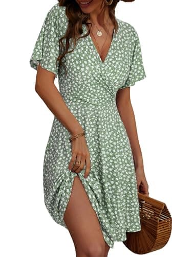 FENSACE Women's Casual Dresses Fit and Flare Green Floral Dress(Floral-32,Large) - Image 1
