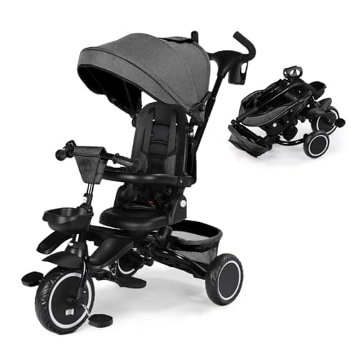 Kinder King Kids Tricycle, 8 in 1 Folding Toddler Trike w/Adjustable Push Handle, Rotatable Seat, Adjustable Canopy, Bell, Five-Point Harness, Storage, Toddler Stroller Bike for Age 6 Months+, Grey - Image 1