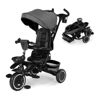 Kinder King Kids Tricycle, 8 in 1 Folding Toddler Trike w/Adjustable Push Handle, Rotatable Seat, Adjustable Canopy, Bell, Five-Point Harness, Storage, Toddler Stroller Bike for Age 6 Months+, Grey - Image 1