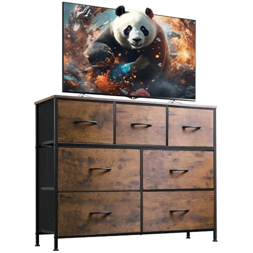 WLIVE 7 Drawer Dresser TV Stand, Entertainment Center, Media Console Table with Metal Frame and Wood Top for TV up to 45 inch, Chest of Drawers for Bedroom, Living Room, Rustic Brown Wood Grain Print - Image 1
