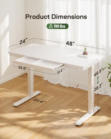 Marsail Standing Desk with Drawer, 48 x 24 inch Whole Piece Tabletop Electric Standing Desk, Height Adjustable Desk with USB Charging Ports, Sit Stand Desk with Storage for Home & Office White - Image 3