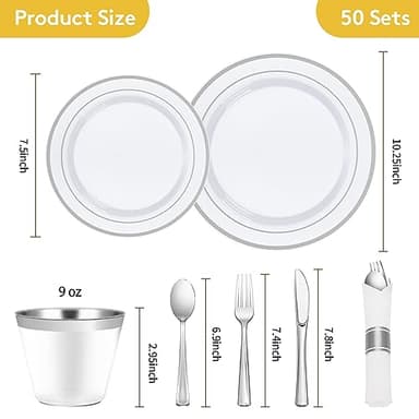 Goodluck 350 Piece Silver Plastic Dinnerware Set for 50 Guests, Fancy Disposable Plates for Party, Include: 50 Dinner Plates, 50 Dessert Plates, 50 Pre Rolled Napkins with Silver Silverware, 50 Cups - Image 3