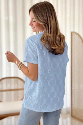 Dokotoo Womens Spring Tops for Women 2025 Trendy Dressy Casual Eyelet Embroidery Hollow Out Lace Crochet Short Sleeve Shirts for Women Summer Loose Blouse Tunic Top Tee T Shirt for Work Sky Blue M - Image 4