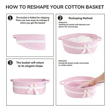 CHICVITA Pink Baby Girl Gift Basket, Small Woven Rope Basket, Rectangle Shelf Baskets for Bathroom, Cute Nursery Storage Baskets for Toys, Diapers, Towels, Snacks, 13 x 9.8 x 5 inches - Image 7