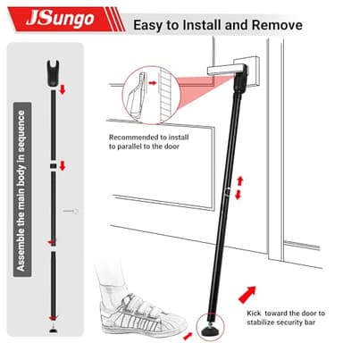 JSungo 2-in-1 Sliding Door Security Bar, Upgrade Doors Stoppers Security, Heavy-Duty Door Jammer Doors Stopper for Sliding Window, Adjustable Door Jammer for Home, Apartment, and Hotel, Black, 1 Pack - Image 6