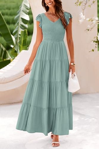 PRETTYGARDEN Women's Summer Flowy Maxi Dress Casual Cap Sleeve V Neck Smocked Beach Sundress (Solid Grey Green,Small) - Image 3