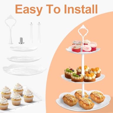 10 Pcs Cake Stand White Plastic Dessert Table Display Set 4 Pcs 3 Tired Cupcake Stand Cookie Tray Rack Serving Tray Cake Display Tower and 6 Pcs Dessert Trays for Wedding Baby Shower Tea Party (White) - Image 9