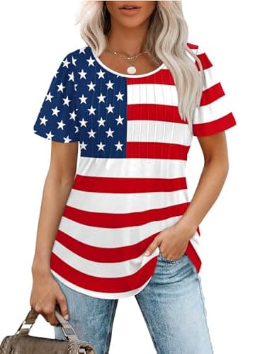 July 4th Shirts for Women Dressy Casual Blouses Plus Size Short Sleeve Summer Outfits American Flag XL - Image 2