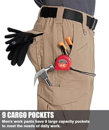 Zoofly Cargo Pants for Men Elastic Waist Ripstop Tactical Pants for Men Polyester Waterproof Moto Pants with Pockets Khaki 36W*30L - Image 2