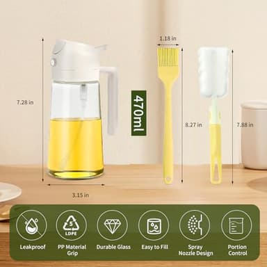 PLAPITATE 2pcs Oil Sprayer for Cooking, 16oz/470ml Oil Dispenser for Kitchen, 2 in 1 Olive Oil Dispenser Bottle for Kitchen Gadgets, Air Fryer, Salad, BBQ (Black, Ivory) - Image 7