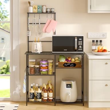 3IngSeagulls Baker's Rack for Kitchen with Storage, Microwave Stand with Adjustable Shelves, Kitchen Stand with 10 S Hooks, 6-Tier Coffee Bar Station, Kitchen Shelves for Spices, Pots, Gray - Image 4
