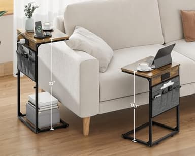 Vagusicc C Shaped End Table with Charging Station, 33" Tall Side Table for Couch, Sofa Table Adjustable Height Small Couch Side C Table, Slide Under Sofa Tray Arm Table for Living Room, Bedroom, Brown - Image 2