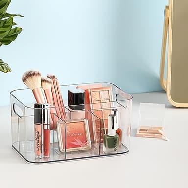 2 Pack, 5-Compartment Clear Plastic Bin - Divided Art Supplies, Cosmetic Makeup Caddy Organizer - Multiuse Storage Container for Vanity, Bathroom, Kitchen, Office, Craft, Shower, Cleaning Items - Image 3