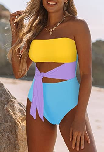 Viottiset Women's Bandeau One Piece Swimsuit Strapless Tie Cut Out Bathing Suit Yellow Blue XL - Image 2