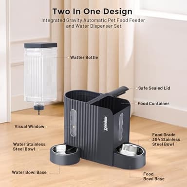 ZOMISIA Gravity Cat Food and Water Dispenser Set with 304 Stainless Steel Bowls, 2 in 1 Automatic Cat Feeder with 180 Degree Rotatable Water Bowl, Large Capacity for Puppy Kitten Rabbits, Grey - Image 2