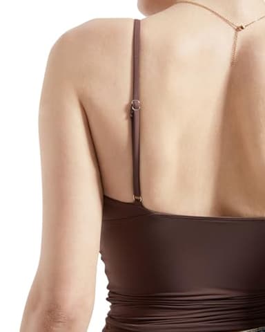 SUUKSESS Women Sexy Deep V Neck Sleeveless Fitted Basic Tops Y2K Going Out Crop Tank Top Camisole (Brown,S) - Image 3