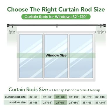 Curtain Rods for Windows 66 to 120, 1 Inch Adjustable Black Curtain Rod, Heavy Duty Long Window Drapery Rods with End Caps, Modern Style Indoor Outdoor Curtain Rods for Patio Bedroom, Size 32"-120" - Image 5