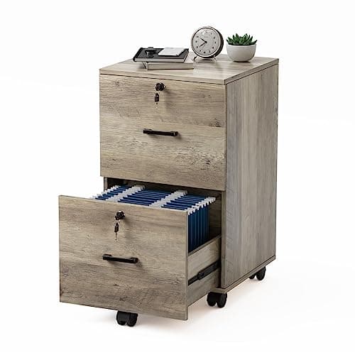 VINGLI 2 Drawer File Cabinet with Lock, Wood Rustic Gray Filing Cabinet for Letter Size File Folders with Tabs, Under Desk Rolling File Cabinets for Home Office, Mobile File Organization Printer Stand - Image 1