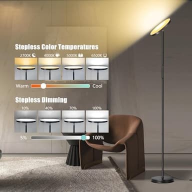 Floor Lamp, Upgraded 40W 4000LM Super Bright Torchiere LED Floor Lamps for Living Room, Stepless Dimmable Color Temperature 2700K-6500K with Remote & Touch Control, Standing Light for Bedroom Office - Image 3