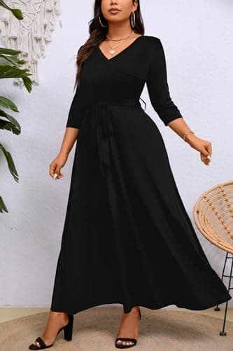Runwind Plus Size Dress for Women - 3/4 Sleeve V Neck Maxi Dresses for Women Black 2XL - Image 4