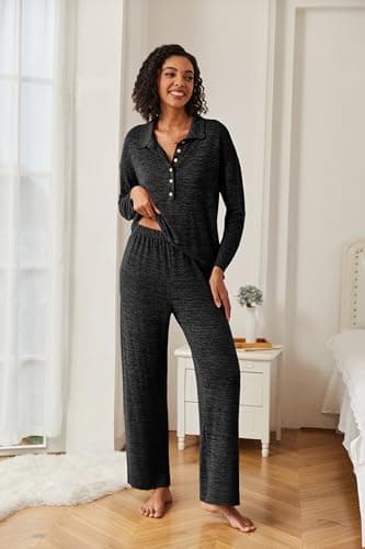 Ekouaer Womens Fall Pajamas Lounge Sets Long Sleeve Button Down Sleepwear Nightwear Soft Pjs Lounge Sets Black, Small - Image 2
