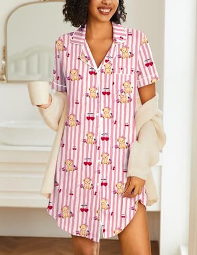 Ekouaer Nightgowns for Women 2 Pack Button Down Sleepwear Short Sleeve Sleepshirts Soft Nightshirts Boyfriend Pajama Dress - Image 3
