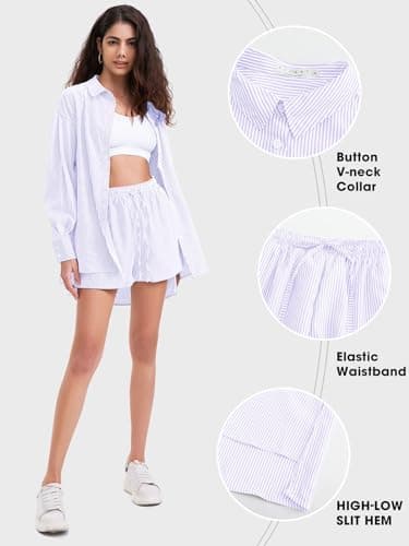 EXLURA Women's Summer 2 Piece Sets Long Sleeve Button Down Shirts Matching Short Sets Beach Vacation Cruise Outfits 2025 - Image 3