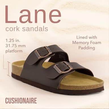 CUSHIONAIRE Lane Cork Footbed Sandals for Women – Comfortable Double Buckle Slip-On with Genuine Suede Footbed & Arch Support Slides for Women Footwear, BROWN 7.5 - Image 2