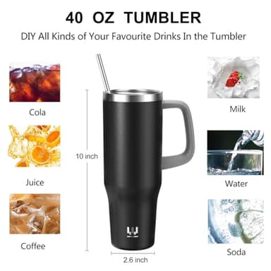 40 oz Insulated Tumbler with Handle, Stainless Steel Straw and silicone sleeves, Leakproof Travel Mug for Water, Iced Tea or Coffee, Insulated Cup Gifts for Women & Men, Black - Image 6