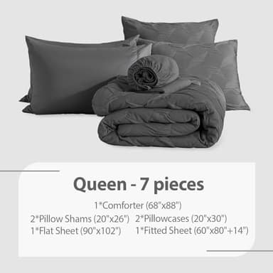 Swandream Queen Bedding Comforter Set- Luxury Spandex Jacquard 7 Pieces Bed in a Bag, Lightweight Comforter with 1 Fitted Sheet, 1 Flat Sheet, 2 Pillowshams & 2 Pillowcases, Dark Grey - Image 5