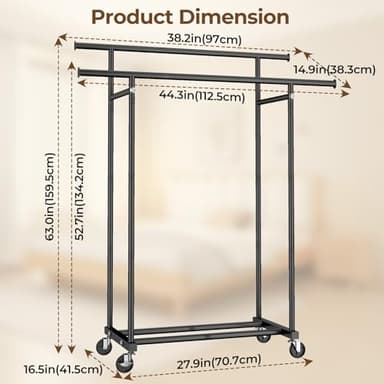 HYSEYY Double Rods Clothes Rack, Rolling Clothing Rack for Hanging Clothes Portable Wardrobe Rack, Metal Garment Rack Sturdy Coat Rack for Bedroom Laundry Living Room, Black - Image 7