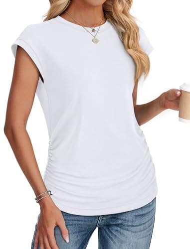 Tshirts Shirts for Women Cap Sleeve Summer Cute Tops Work Soft Basic Tees Scoop Neck Casual Loose Fit White XL - Image 3