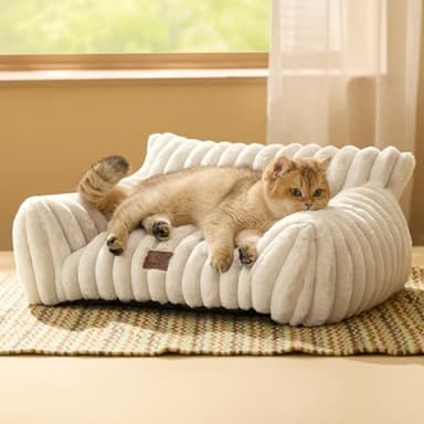 Bedsure Cute Cat Couch for Pets - Fluffy Cat beds with Premium Soft Corduroy Fleece, Fuzzy Cats beds for Indoor Cats with Removable Washable Cover, Supportive Pet Sofa, 24inch, Cream - Image 1