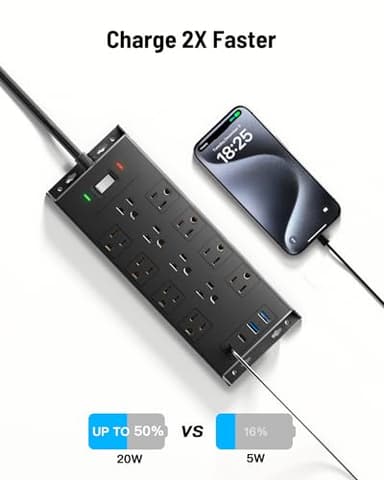 Surge Protector Power Strip 4800J, LeZone 10Ft Long Extension Cord Flat Plug, 12 Outlets 2 USB C 2 USB Ports, Wall Mountable, 20W Desk Charging Station, Black - Image 7