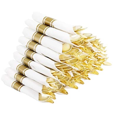 Supernal 60 Pack Pre Rolled Napkins with Gold Plastic Silverware, Premium Disposable Gold Wrapped Cutlery Set Includes: 60 Forks 60 Knives 60 Spoons 60 Napkin for Party - Image 1