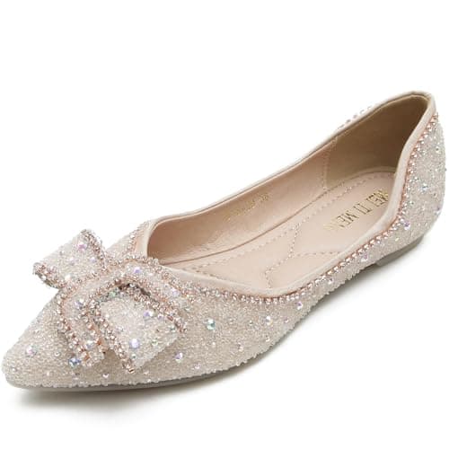 LiupanUp Women's Pointed Rhinestone Flat Shoes Glitter Flowers Wedding Comfortable Dress Shoes 1Apricot size9 - Image 1
