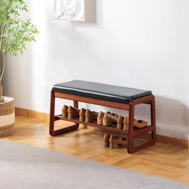 Solid Wood Shoe Bench, 2-Tier Wooden Entryway Bench, Modern Shoe Rack with Faux Leather Cushion for Hallway, Living Room (Black, 31.5'') - Image 1