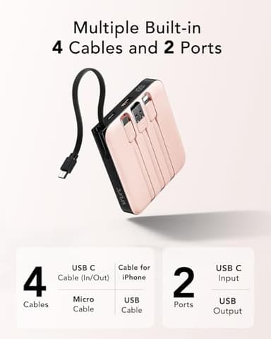 VRURC Mini Portable Charger, 22.5W USB C Fast Charging 10000mAh Pocket Power Bank with Built-in Cable, Battery Pack for iPhone 16 15 14 13 Samsung Galaxy S23 S22 Google Android, Pink(1 Pack) - Image 2