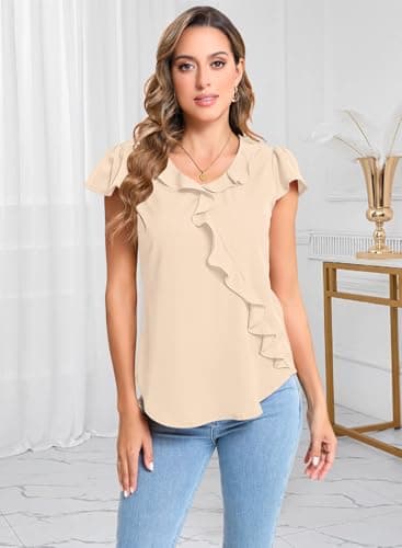 GUNEST Women Summer Tops Apricot Blouse Ruffle Crew Neck Short Sleeve Chiffon Dressy Solid Color Casual Loose Fit Work 2025 Spring Summer Trendy Shirts Outfits for Ladies Girls - Image 2