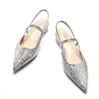 C.Paravano Snake-Print Women's Slingback Flats, Pointed Toe Kitten Heels, Low Heel Pumps, Ankle Strap Leather Dress Shoes for Office and Casual Wear(Size 11.5,Snakeskin Light Grey Flats) - Image 1