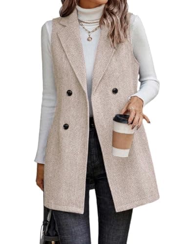 IDEALSANXUN Long Vest for Women Sleeveless Tweed Blazer Jackets 2025 Fall Winter Outerwear Trench Coat Sweater Cardigan Tops, Beige, M - Image 1