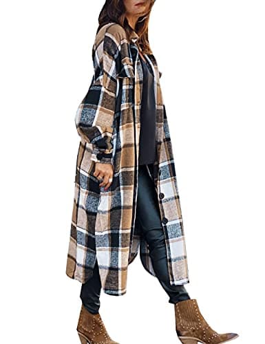 SKIKYAN Women Fall Flannel Plaid Shacket Jacket Oversized Button Down Long Shirt Jacket (Brown, Large) - Image 1