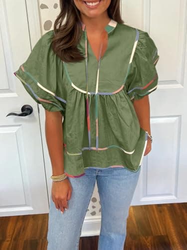 Cicy Bell Womens Summer Babydoll Tops V Neck Short Lantern Sleeve Shirts Cute Loose Fit Peplum Flowy Blouses Army Green - Image 4