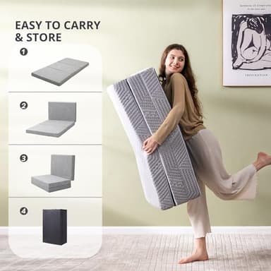 CH CHARME HOUSE Folding Mattress, 4 Inch Single Tri Folding Memory Foam Mattress for Camping Guest Bed, Washable Cover & Non-Slip Bottom, 75" x 25" x 4", Grey - Image 7