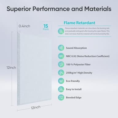 Berlai 15 Pack Acoustic Panels Self Adhesive Sound Proof Foam Panels, 12x12x0.4" High Density Sound Absorbing Panels, Square Acoustic Tiles for Recording Studio Home Theater Office Room(Ash Gray) - Image 4