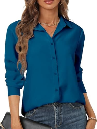 Teal Tops for Women Women's Blouses & Button-Down Shirts Long Sleeves Vneck Work Formal Office Professional Shirt Collar Wrinkle Free Chiffon Blouse Interview Outfit Trendy Clothing Dark Teal Size L - Image 1