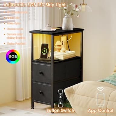 Fixwal Narrow Side Table with Charging Station and LED Light, Skinny Nightstand with 2 Fabric Drawers, Slim End Table for Bedroom, Dorm, Small Space, Black - Image 4